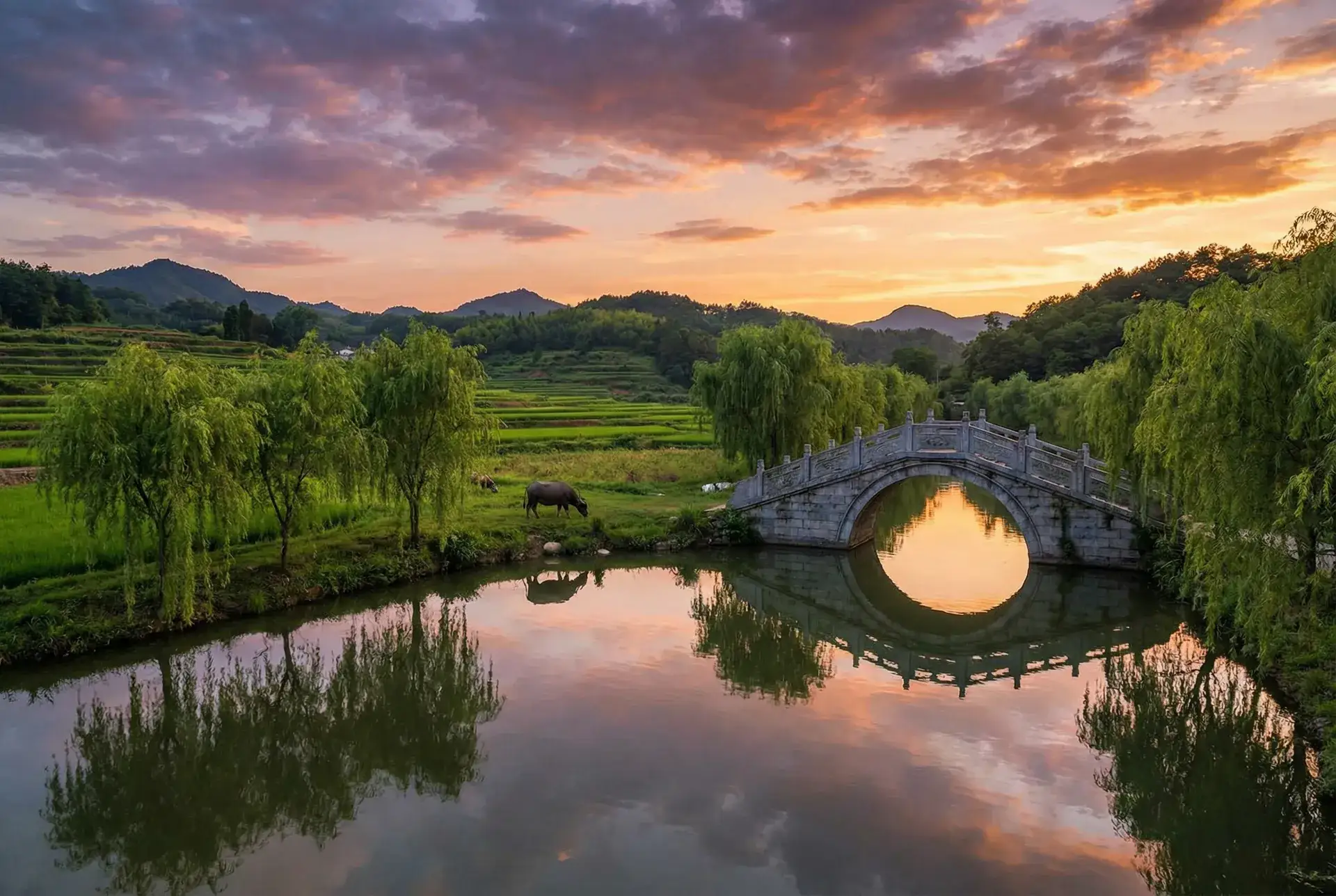 夕阳下的石拱桥与垂柳，水牛在河边吃草 - 边摸边吃奶边做 乡村美景